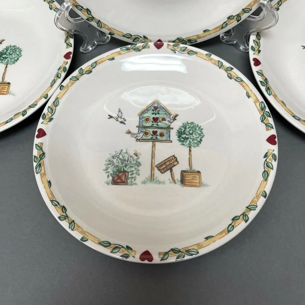 Thomson Pottery Salad Plates Birdhouse Birds Heart Vine Border 7 5/8